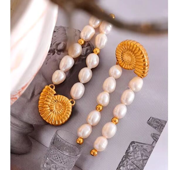 Gold Plated Stainless Steel Nautilus Pearl Drop Earring - Picture 6 of 14